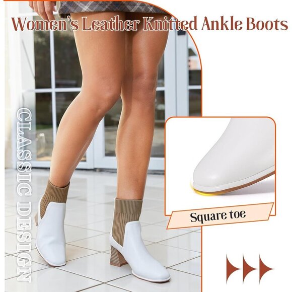 Women's Square Toe Ankle White Boots Low Block Heel Chelsea Mid Calf Booties - Picture 2 of 7